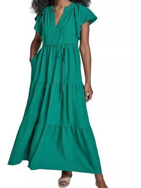 Calvin Klein Green Tiered Maxi Dress Split Neck Size 6